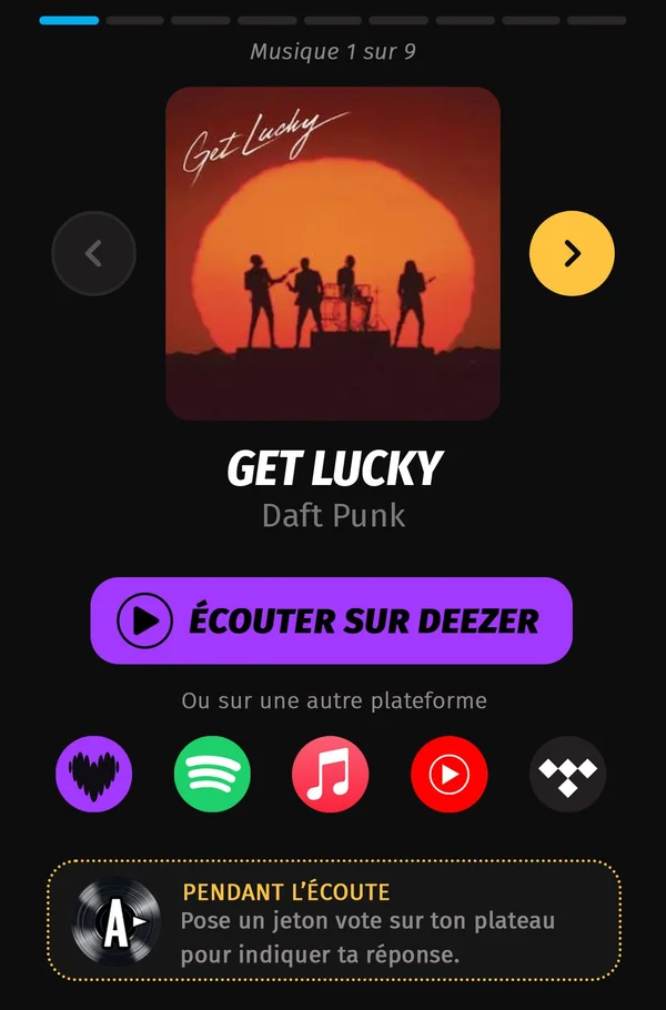 Écran de l'app MusicMatch : lecture d'une musique de la playlist